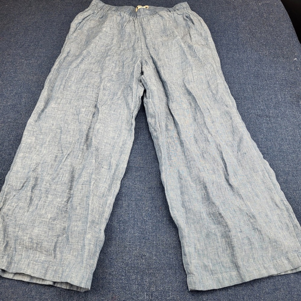 Cynthia Rowley Blue 100% Linen Wide Leg Cropped Pants Womens Small Elastic Waist